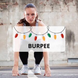 Text: Burpee with image of lady about to do the exercise burpee