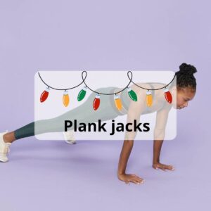 Text plank jacks with image of lady doing a plank jack exercise