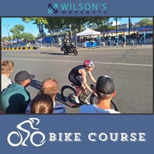 bike course text with a triathlete cycling