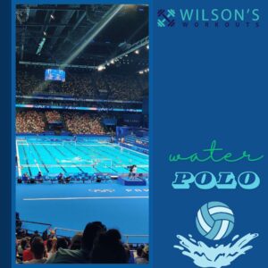 Waterpolo text with swimming pool behind